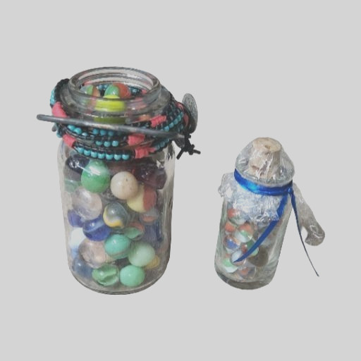 2 Small Glass Jars filled w/123 total Vintage Glass Marbles, Glass Hearts