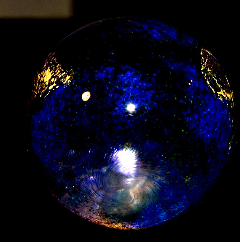 CHARLES CULBERT GLASS MARBLE/2.724″-TRANSPARENT DARK EARTH ABSTRACT-GOLD,VIOLET+