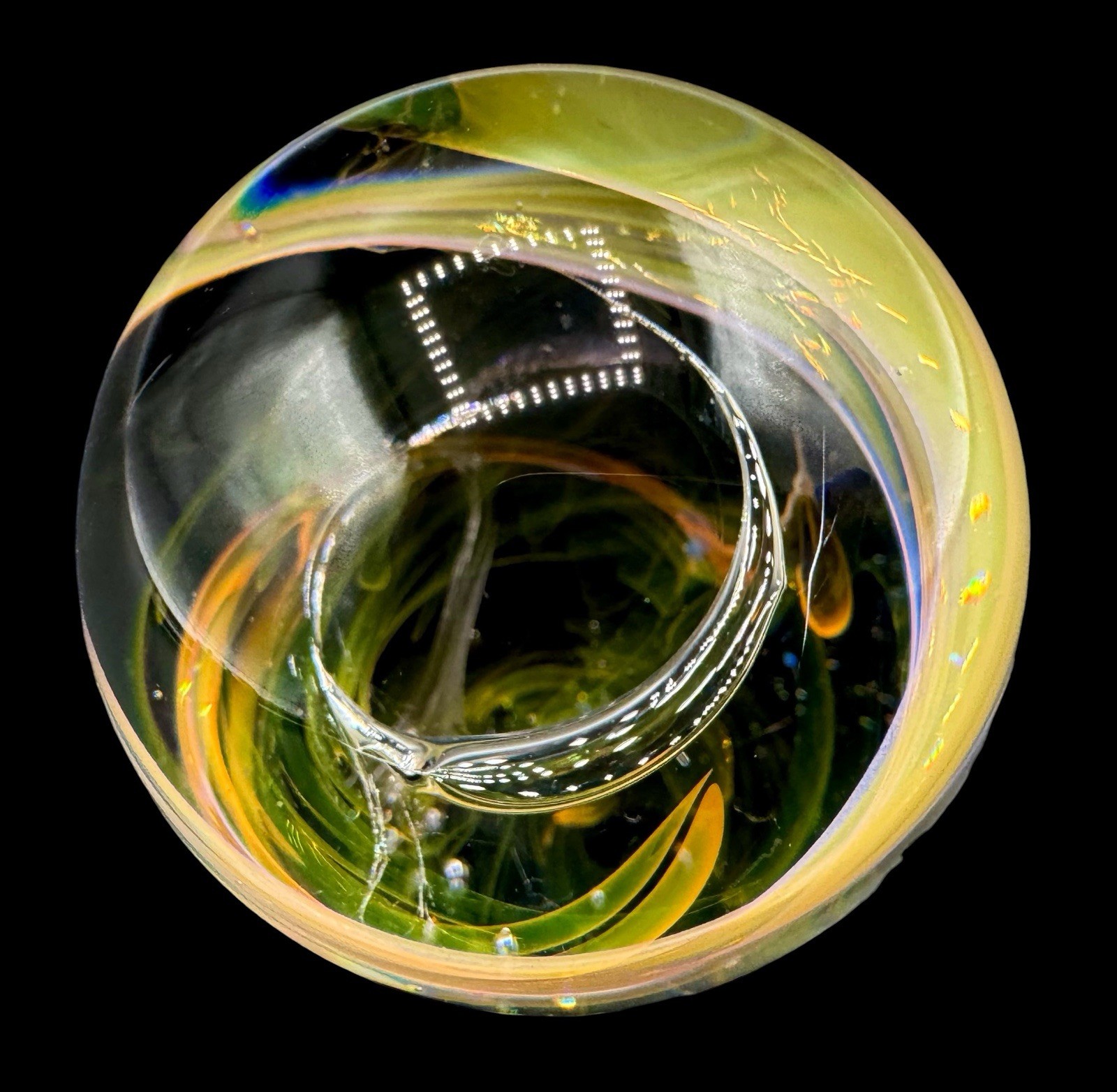 Large Art Glass Boro Marble Sphere 1.95” Swirl Fumed Yellow Orange Green Bubble
