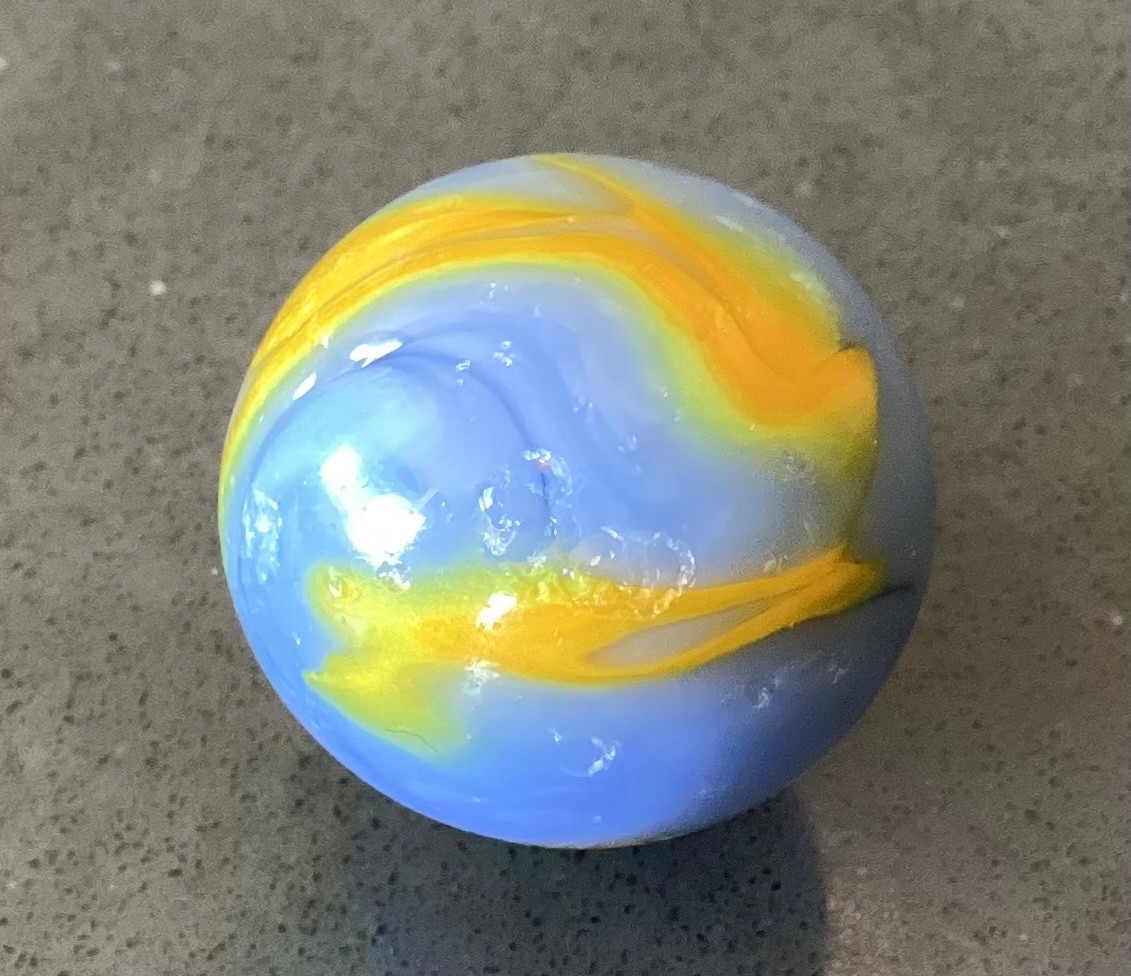 Marble Alley Agate Shooter Boulder Blue Yellow Flames Played Good+ to NM- 0.99”