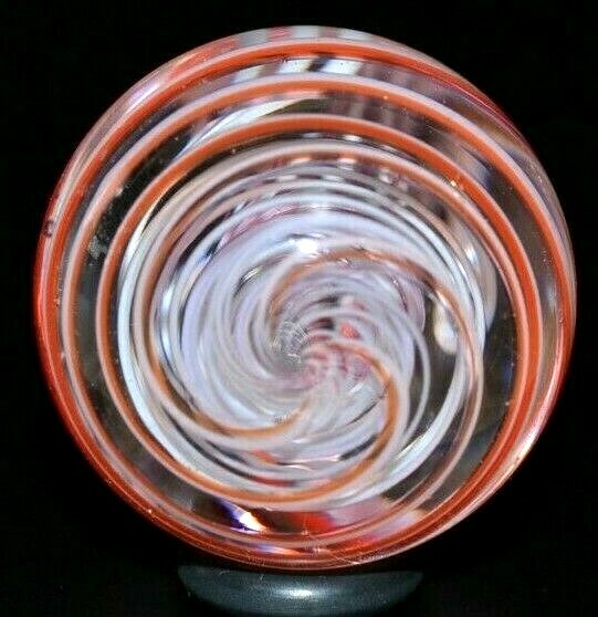 JODY FINE GLASS MARBLE/1.329″-WHITE & TRANS.PINK LATTICINIO TORNADO PEPPERMINT-