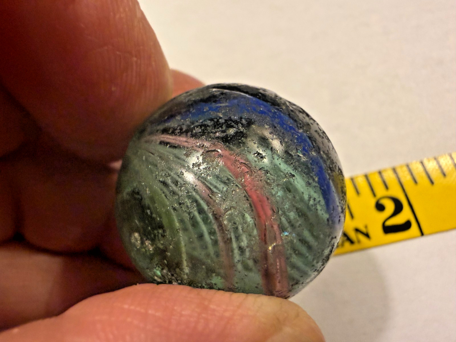 1″ ANTIQUE HANDMADE GERMAN MARBLE, WHITE Latticino CORE, Pink, Blue Ribbon