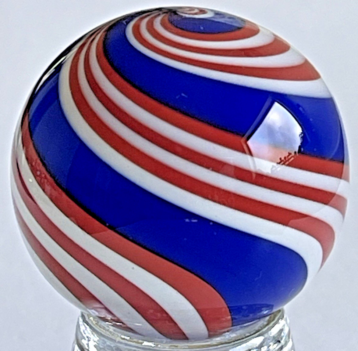 04 STEVE DAVIS SIGNED MARBLE HANDMADE GLASS ART RED WHITE & BLUE PATRIOTIC SWIRL