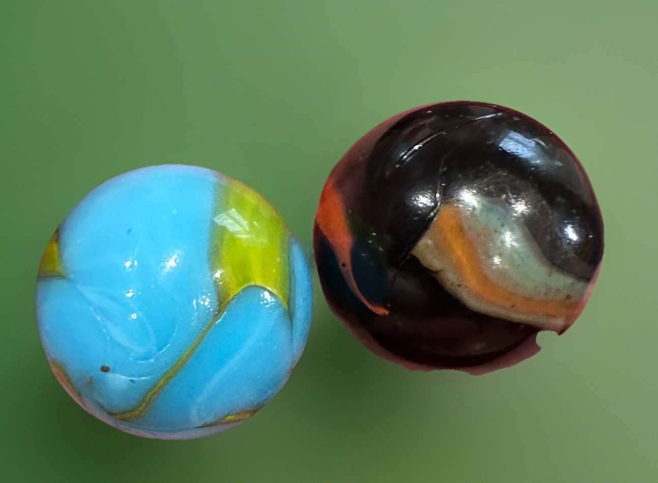 1 1/4” Mermaid Bolder Glass Marbles Green Aqua Vacor & Peltier Rainbo Lot Of 2