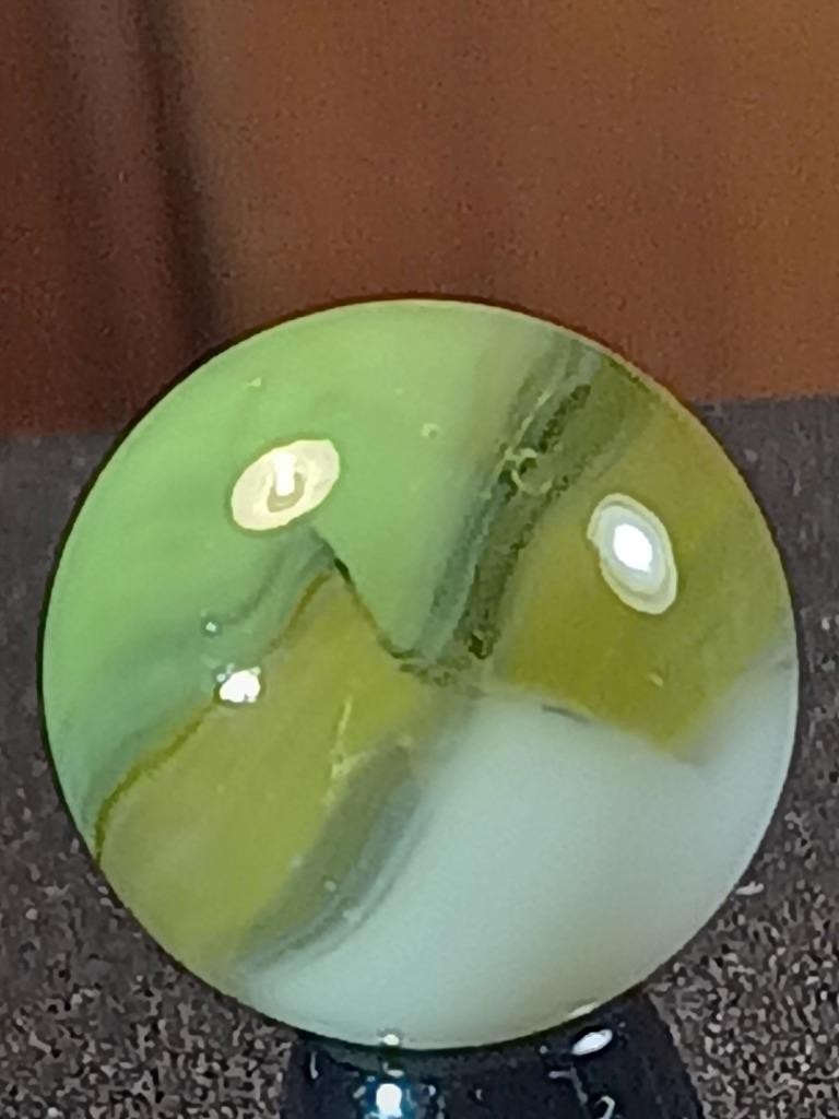 9/16″ Vitro Jade Green Yellowed Lime Moss Ice White on Clear Serious Marble B157