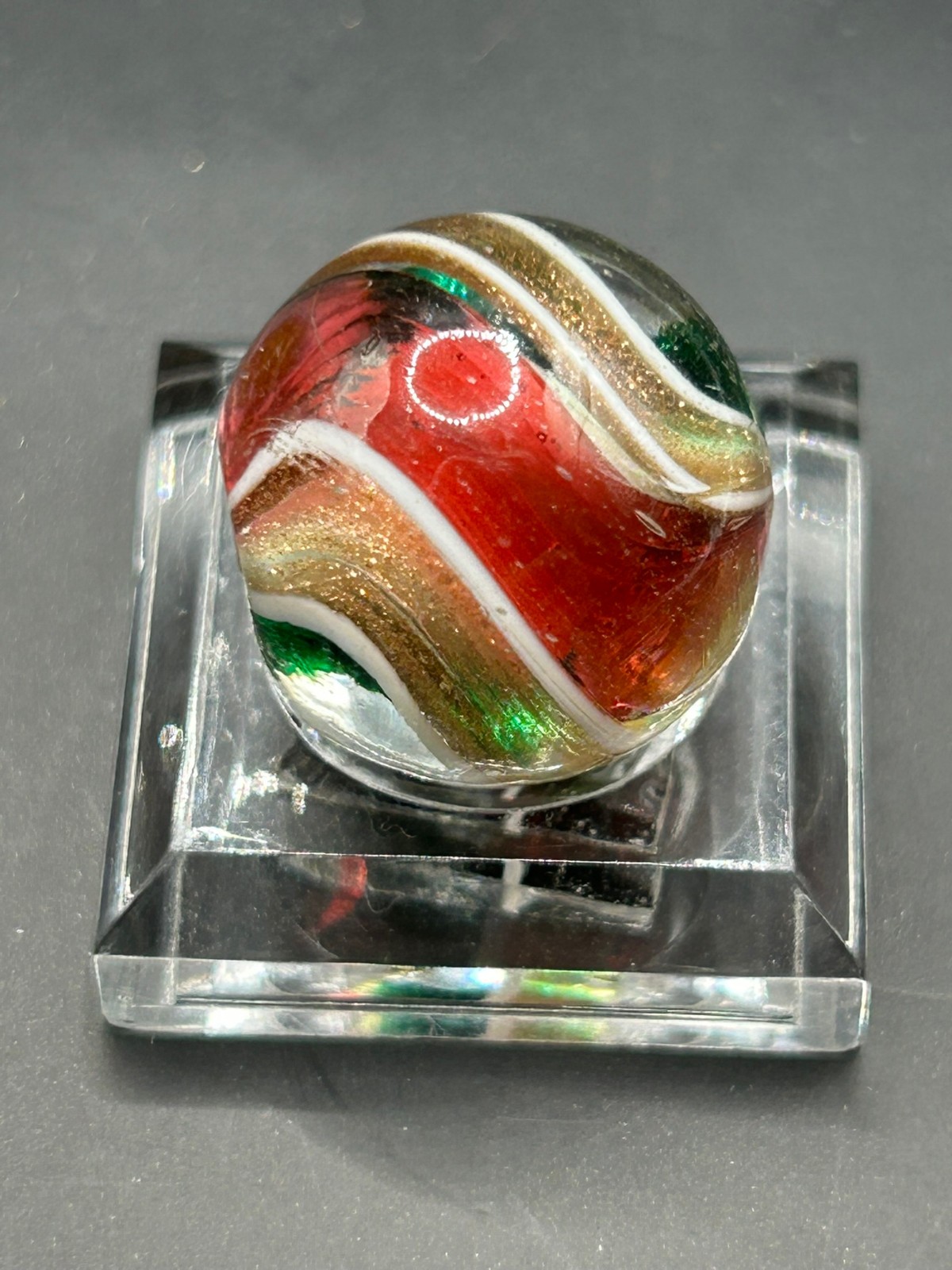 Antique German Cranberry Green Ribbon Core Lutz Marble 11/16″ Mint- E2.2