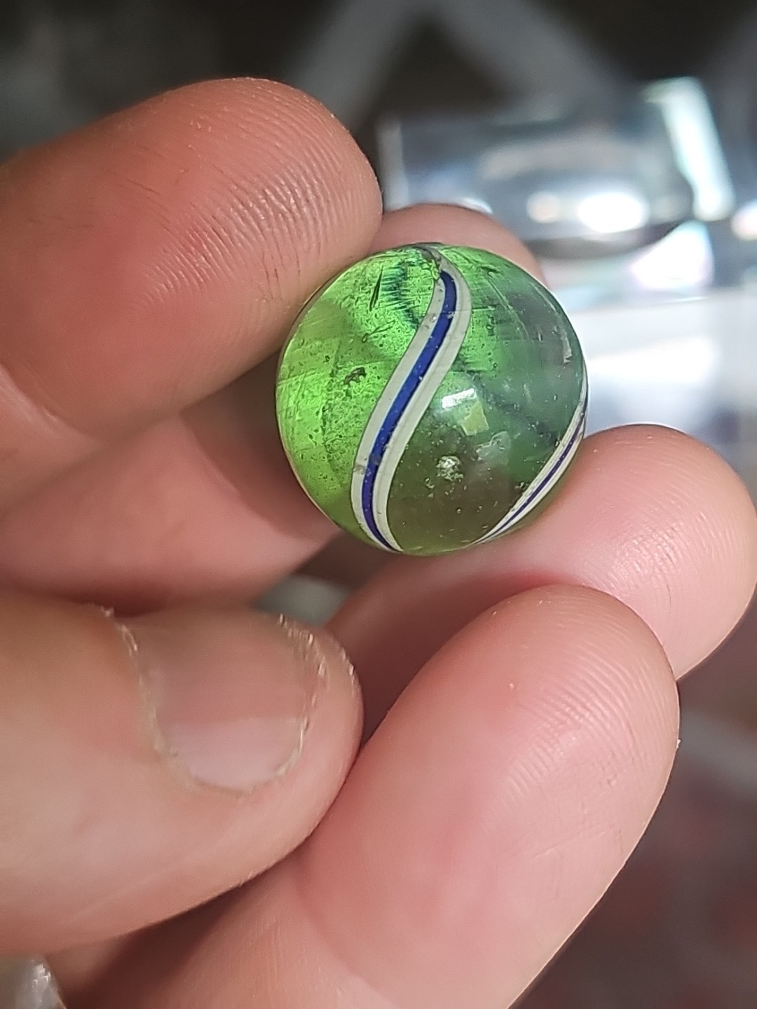 Antique German Handmade Blue White Banded Marble .78 Minty Green Transparent
