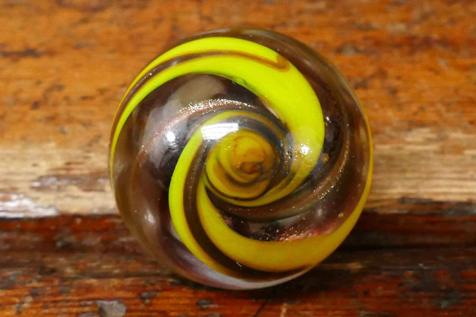 Vintage Hand Blown Art Glass Marble Yellow Purple Swirl & Gold Lutz – 1 1/4”