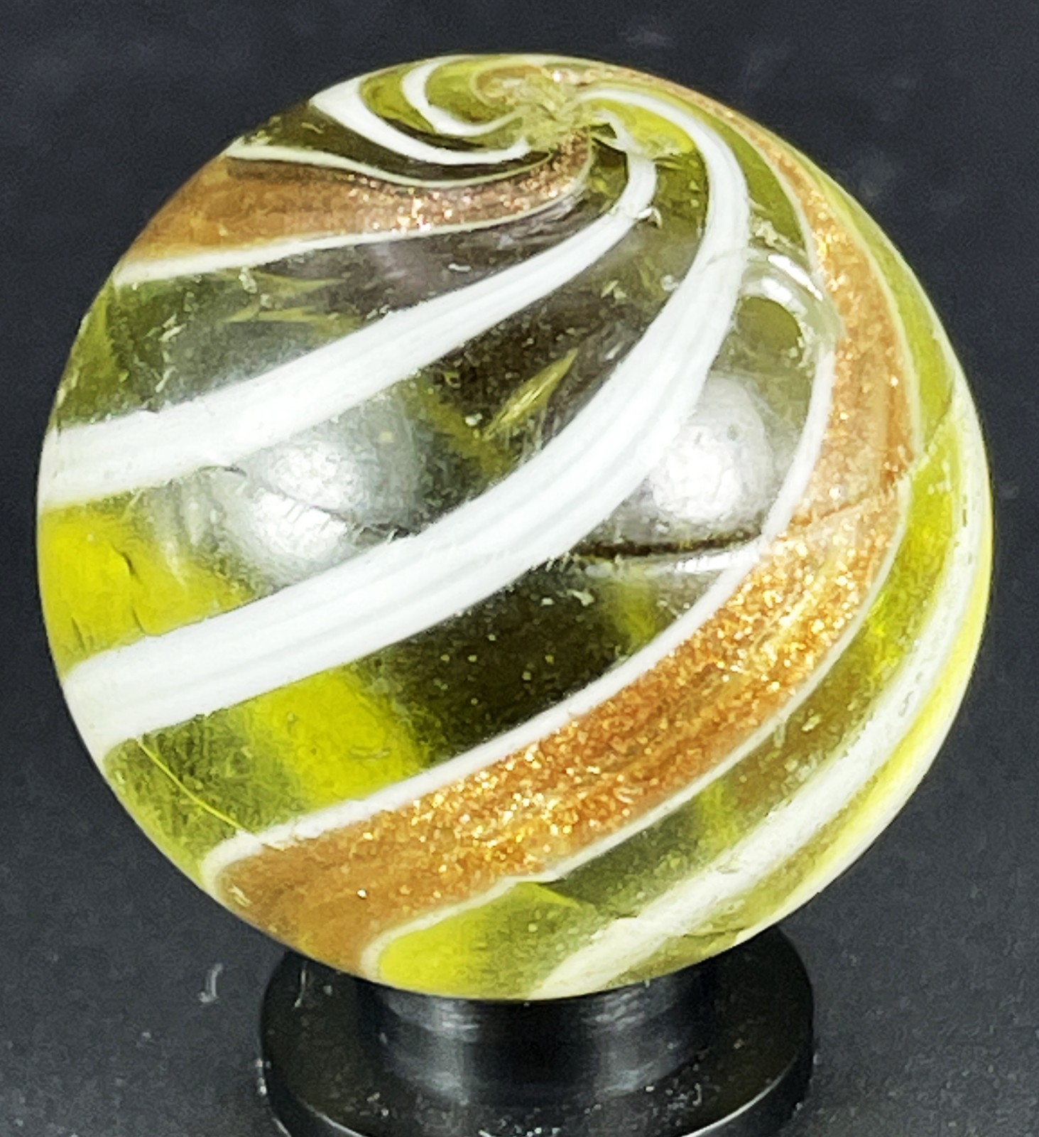Large Antique Handmade Olive Base Glass Banded Lutz Marble – 1.008″
