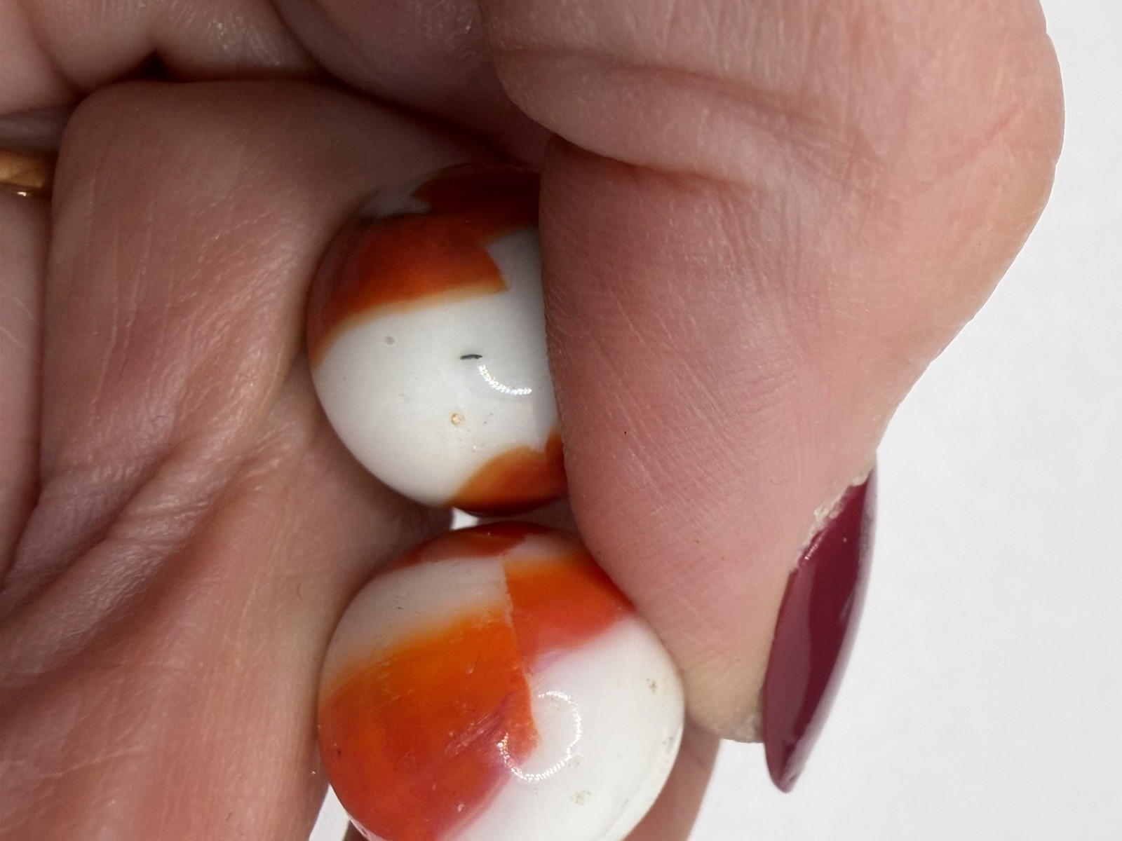 Pair Of Vintage Akro Agate Peltier Christensen Glass Swirl Marble Orange White