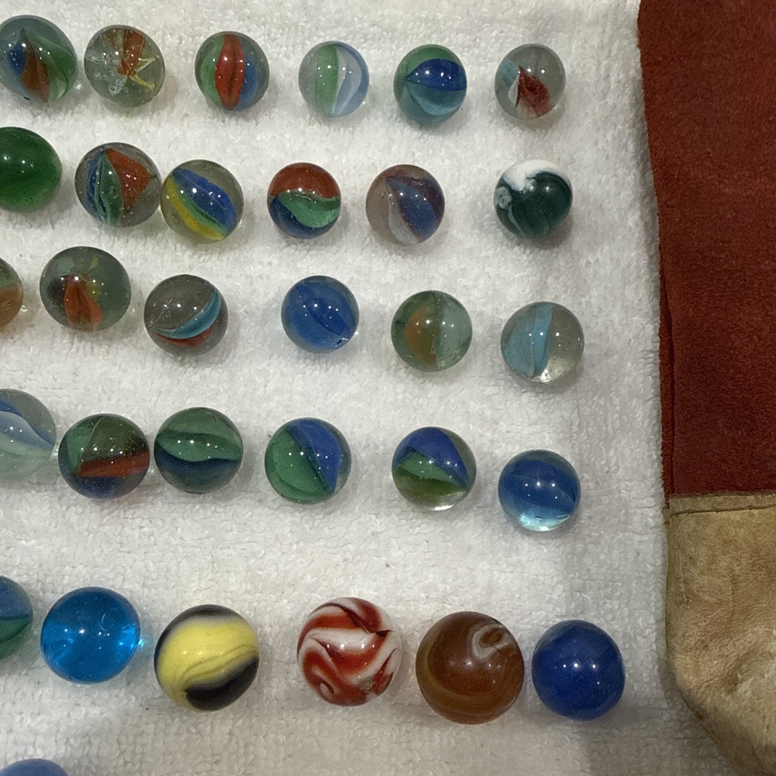 Vintage Lot 53 Glass Swirled Marble & Drawstring Red Leather Pouch Toy Set
