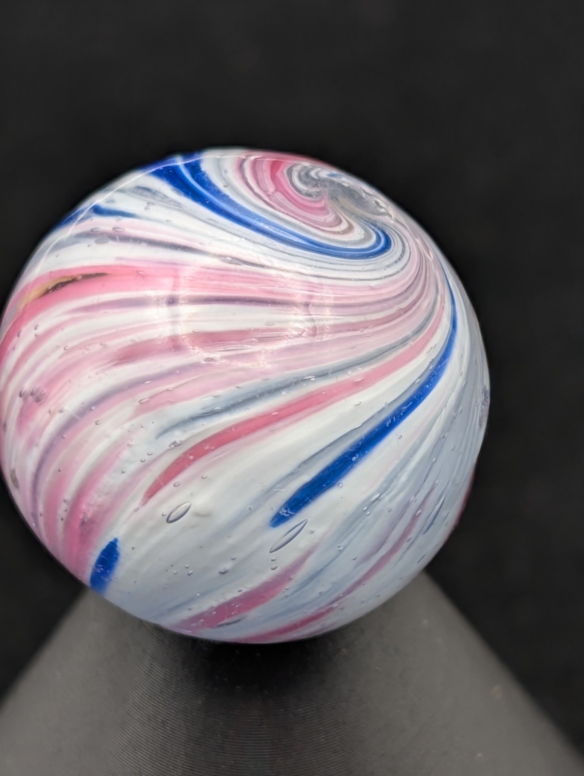 Antique German Handmade Peppermint Swirl Marble 11/16″ – Pontil – Red White Blue