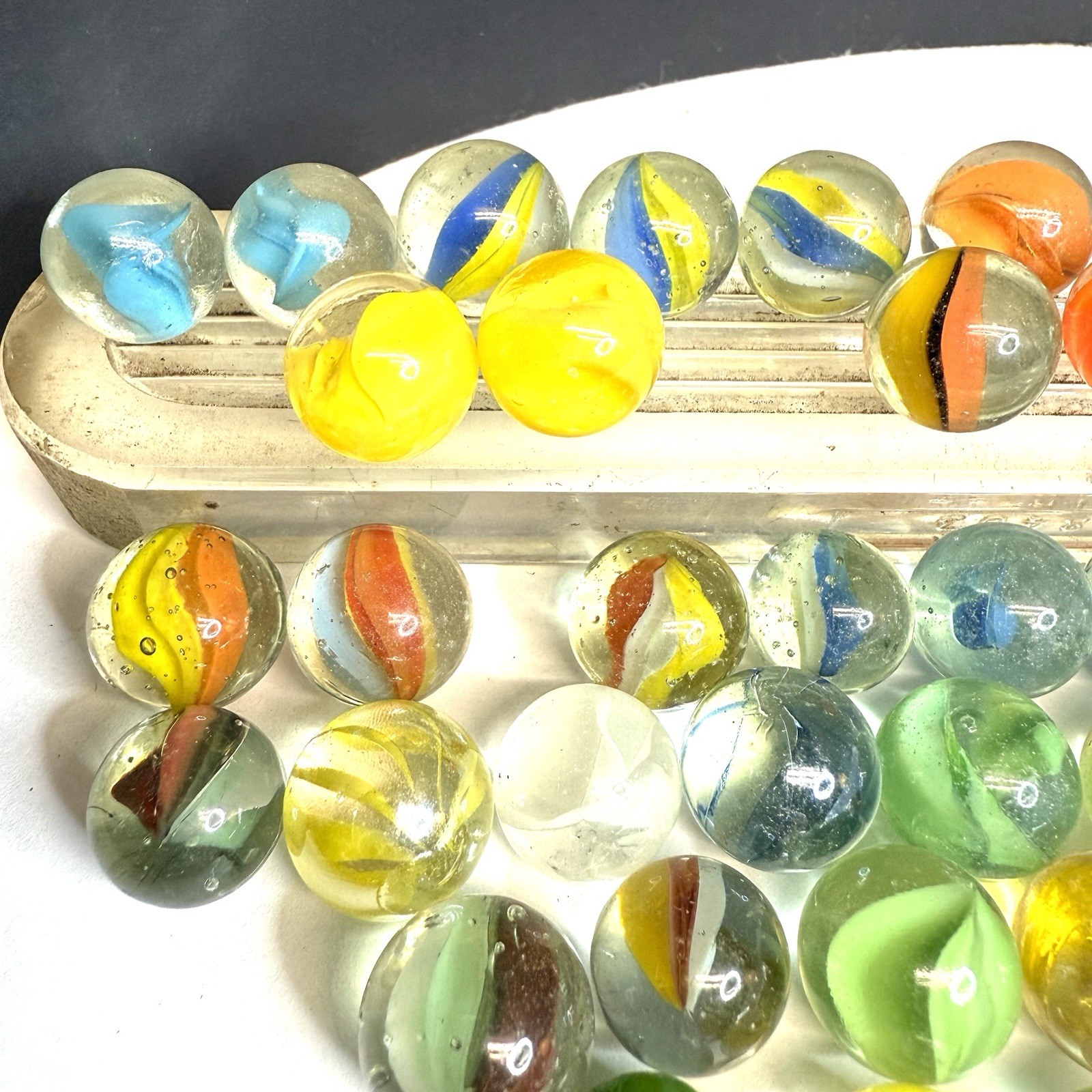 VTG Cats Eye Marbles Lot Of 40 Plus Rare Pillar Hybrid Rainbow Tri Color More