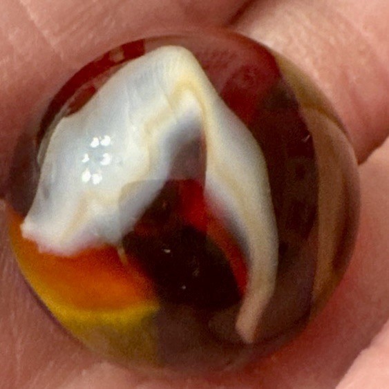 Vintage Handmade Large 1” Glass Shooter Marble Ruby Red White Yellow Swirl 25mm