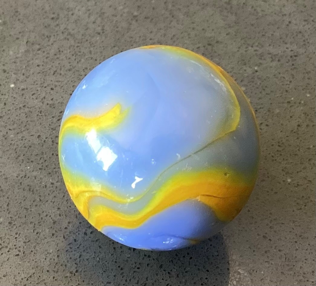 Marble Alley Agate Shooter Boulder Blue Yellow Flames Played Good+ to NM- 0.99”