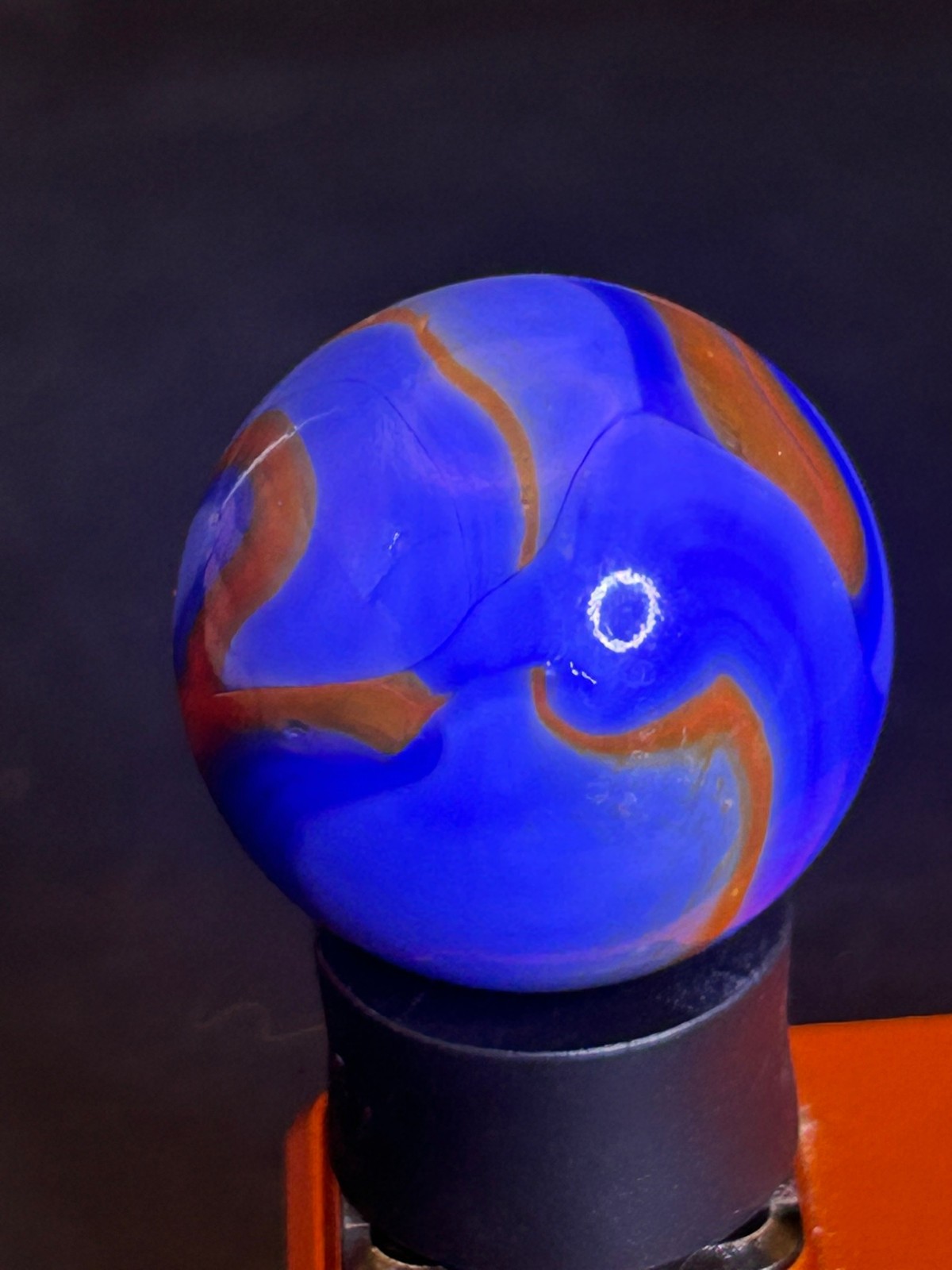 Christensen Agate Co Flame Swirl Marble Cobalt Blue & Orange UV+ .99″ Mint SH31