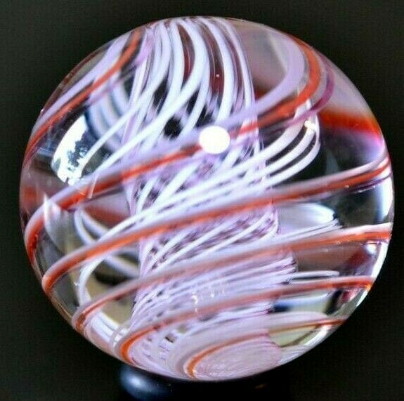 JODY FINE GLASS MARBLE/1.329″-WHITE & TRANS.PINK LATTICINIO TORNADO PEPPERMINT-