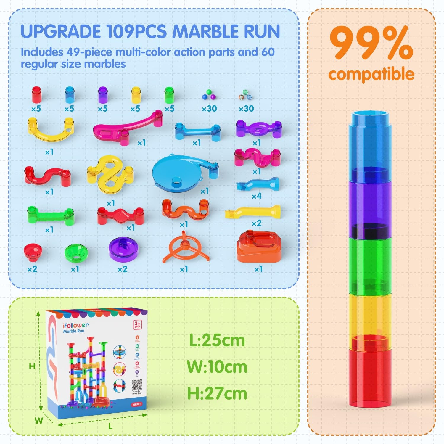 Ifollower Marble Run, 109Pcs Maze 25 cm (W) x 10 (L) x 27 (H)