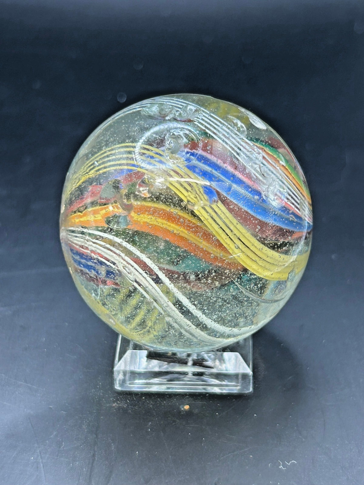 Antique German Divided Core Yellow White Latticino Marble 1 9/16″ NM- E3.2