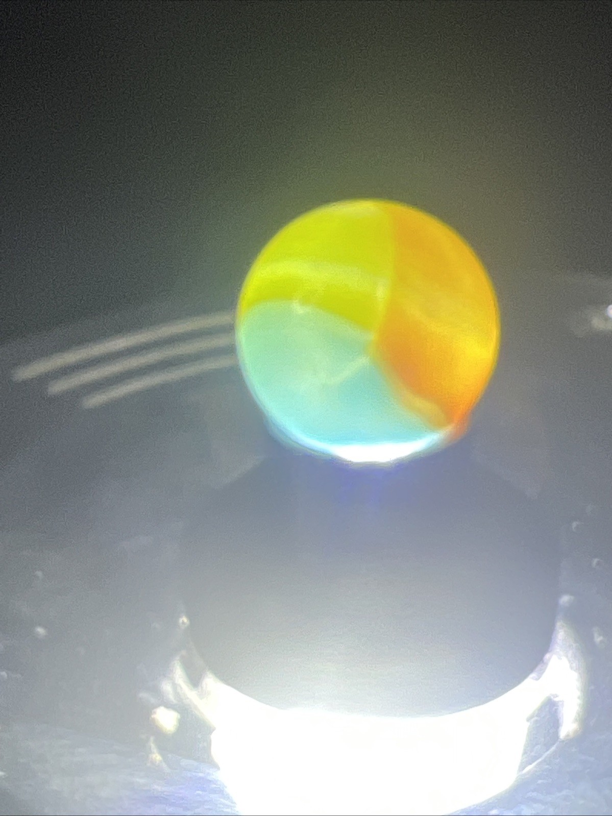 1930’s Vintage PELTIER RAINBO Glass Marble Blue Yellow Orange