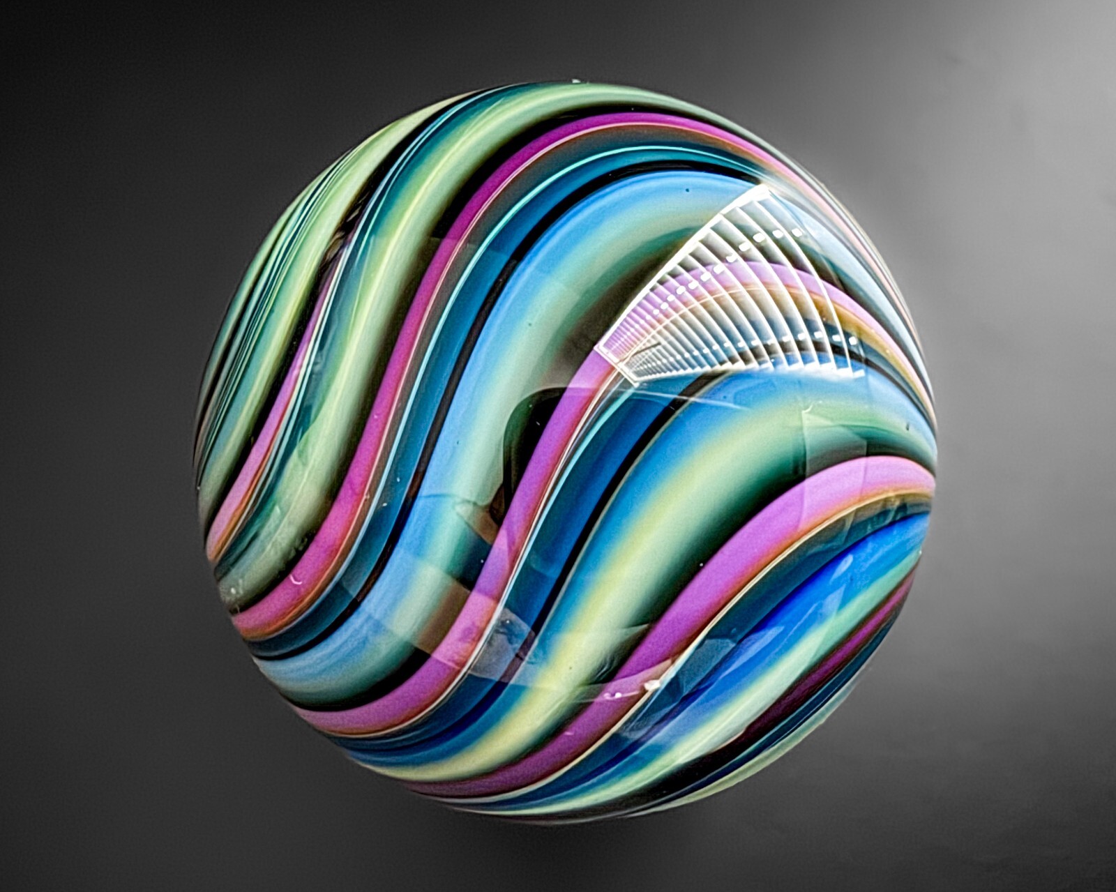 Fritz Lauenstein 1.5″ Green Purple Lampwork Swirl Art Glass Handblown Marble