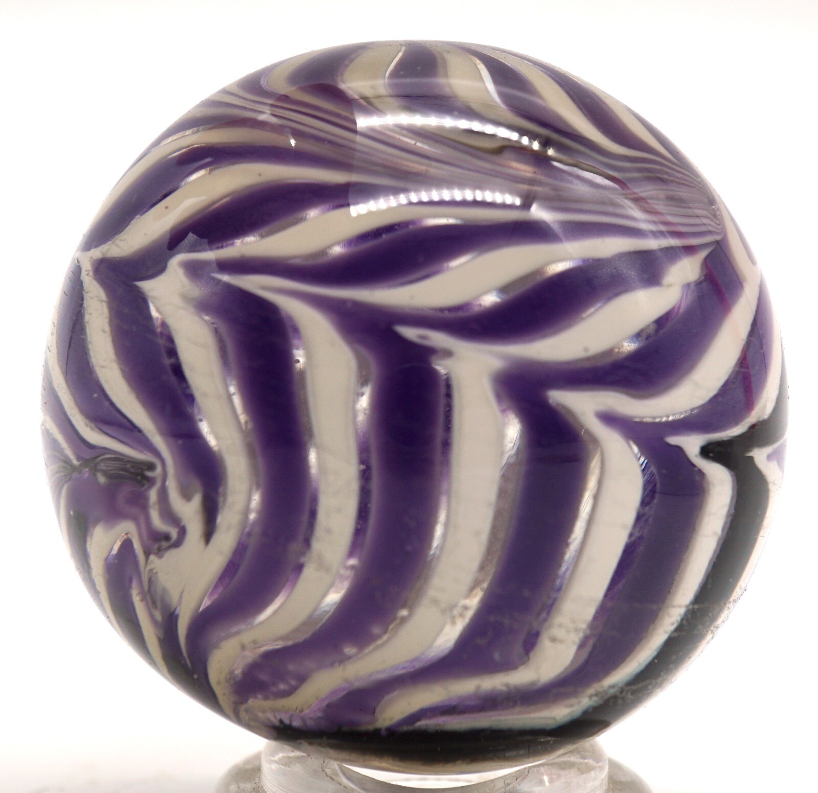 Art Glass Marble Reverse Twisted Spiral Swirl Purple & White One Black Swirl