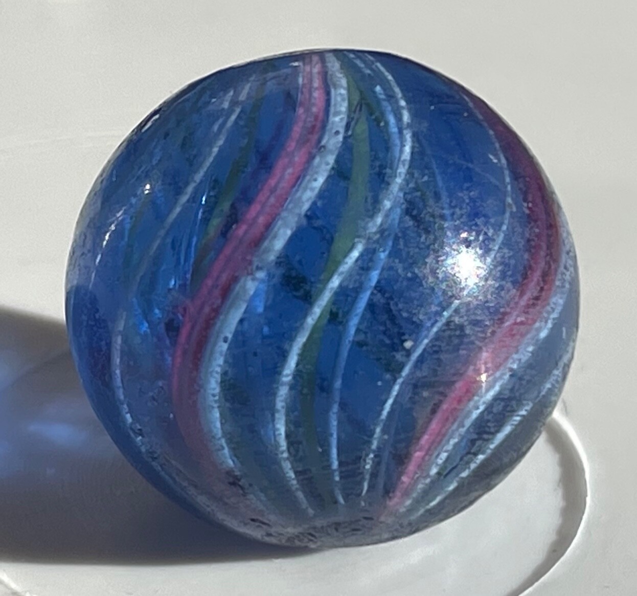 Rare Alternating Yellow/White Latticinio In Transparent Blue Marble 19mm (3/4”)