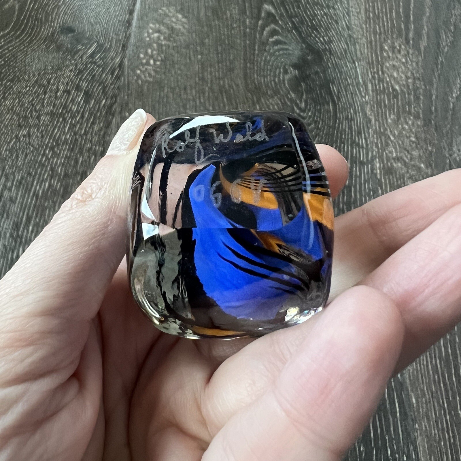 RARE SQUARE Shooter Rolf Wald Art Glass Cube Dice Blue Black & Orange Signed 90s