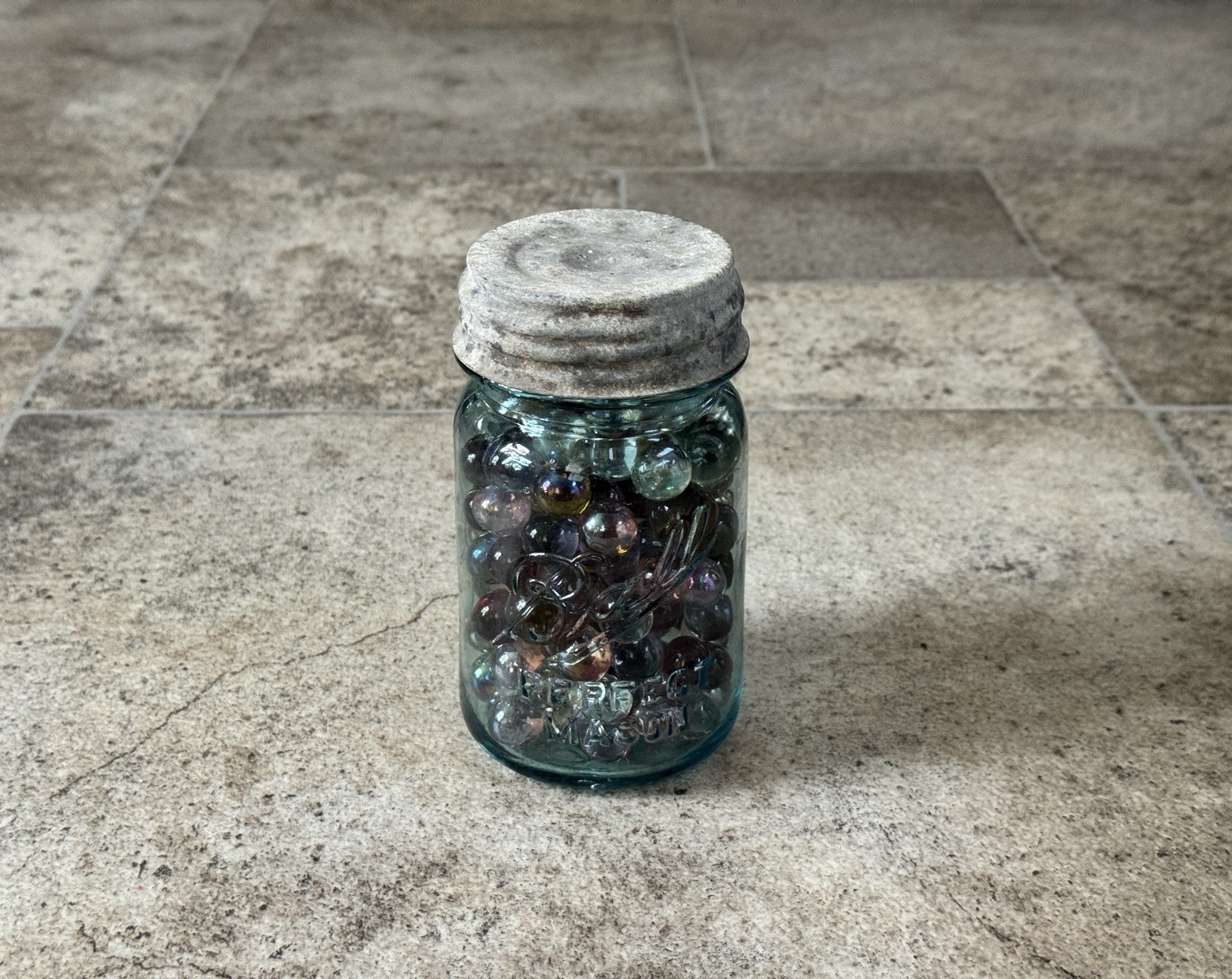 Vintage Ball Perfect Mason Jar Filled with 165+ Mixed Glass Marbles – Aqua Blue