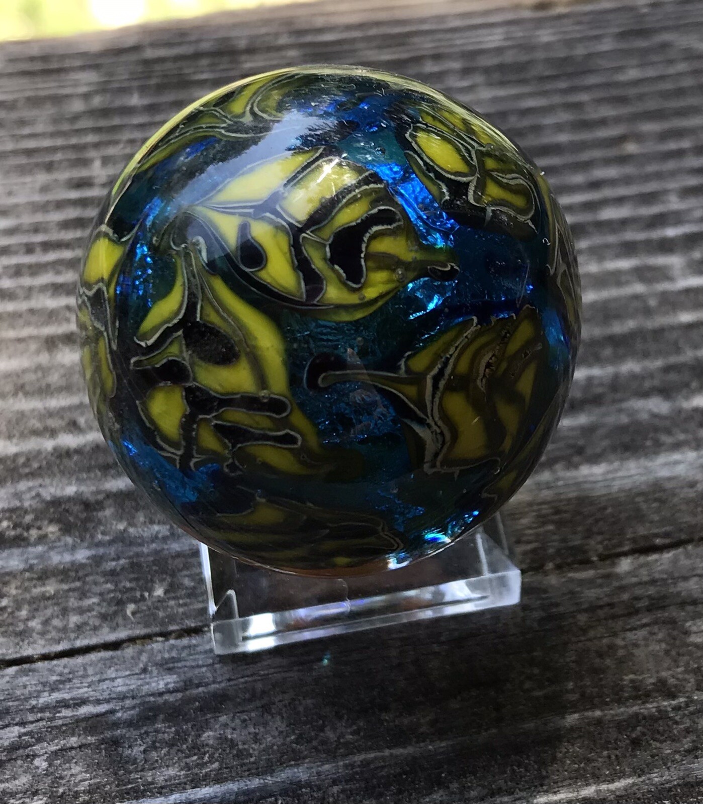 handmade art glass marble Bright Orange Blue With SilverVenetian Foil Made In Kc