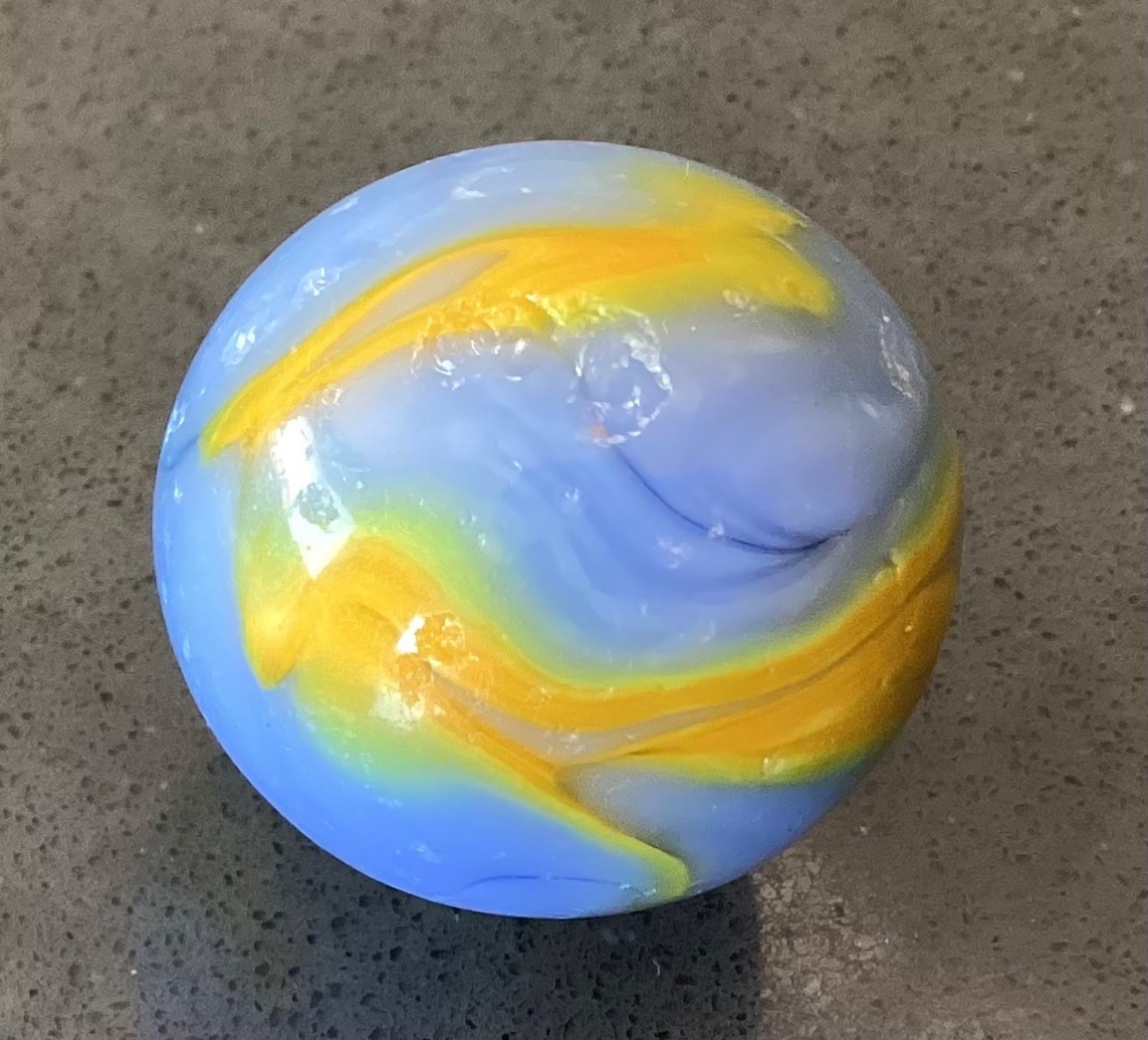Marble Alley Agate Shooter Boulder Blue Yellow Flames Played Good+ to NM- 0.99”