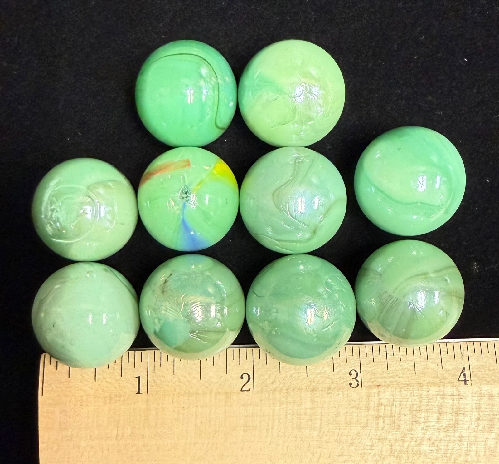 Vintage Glass Marbles Green, 24mm, 1 inch Approximately, Set of 10