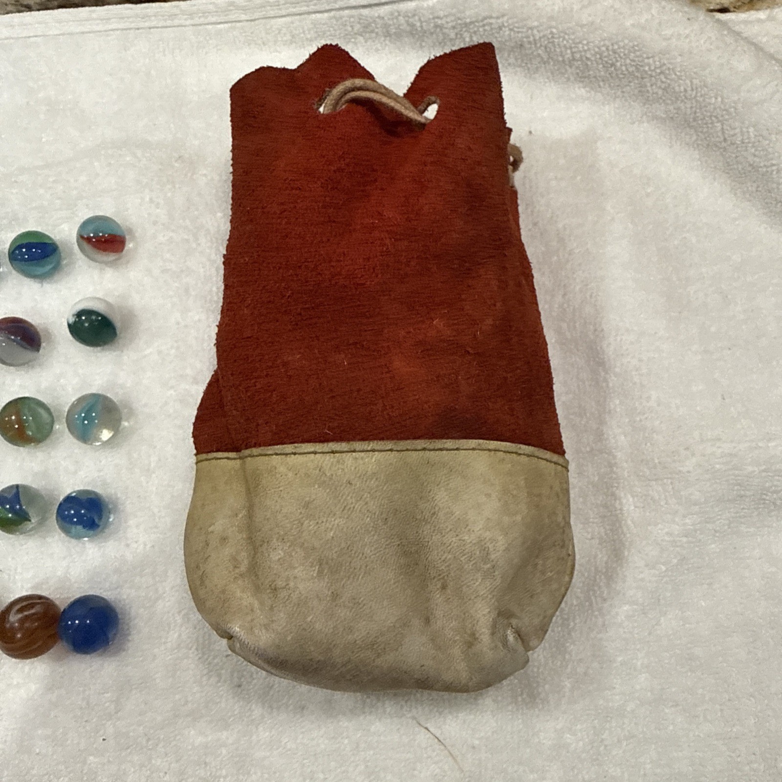 Vintage Lot 53 Glass Swirled Marble & Drawstring Red Leather Pouch Toy Set
