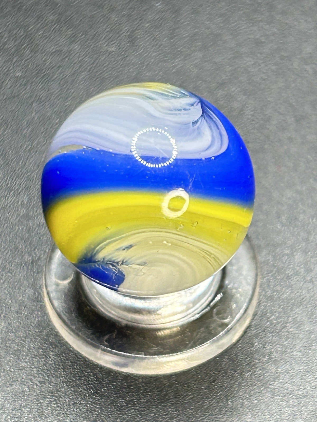 Vintage Akro Agate Popeye Marble Blue & Yellow 0.709”