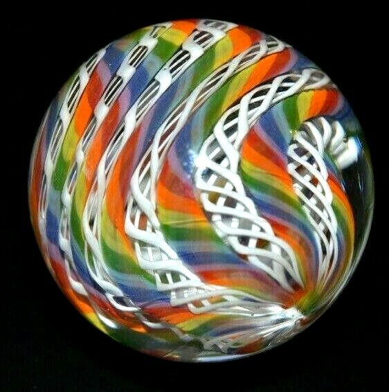 BRYAN TRILLAS GLASS MARBLE/1.316″-12 CANE LACE RAIBOW-RED,ORANGE,YELLOW,BLUE+