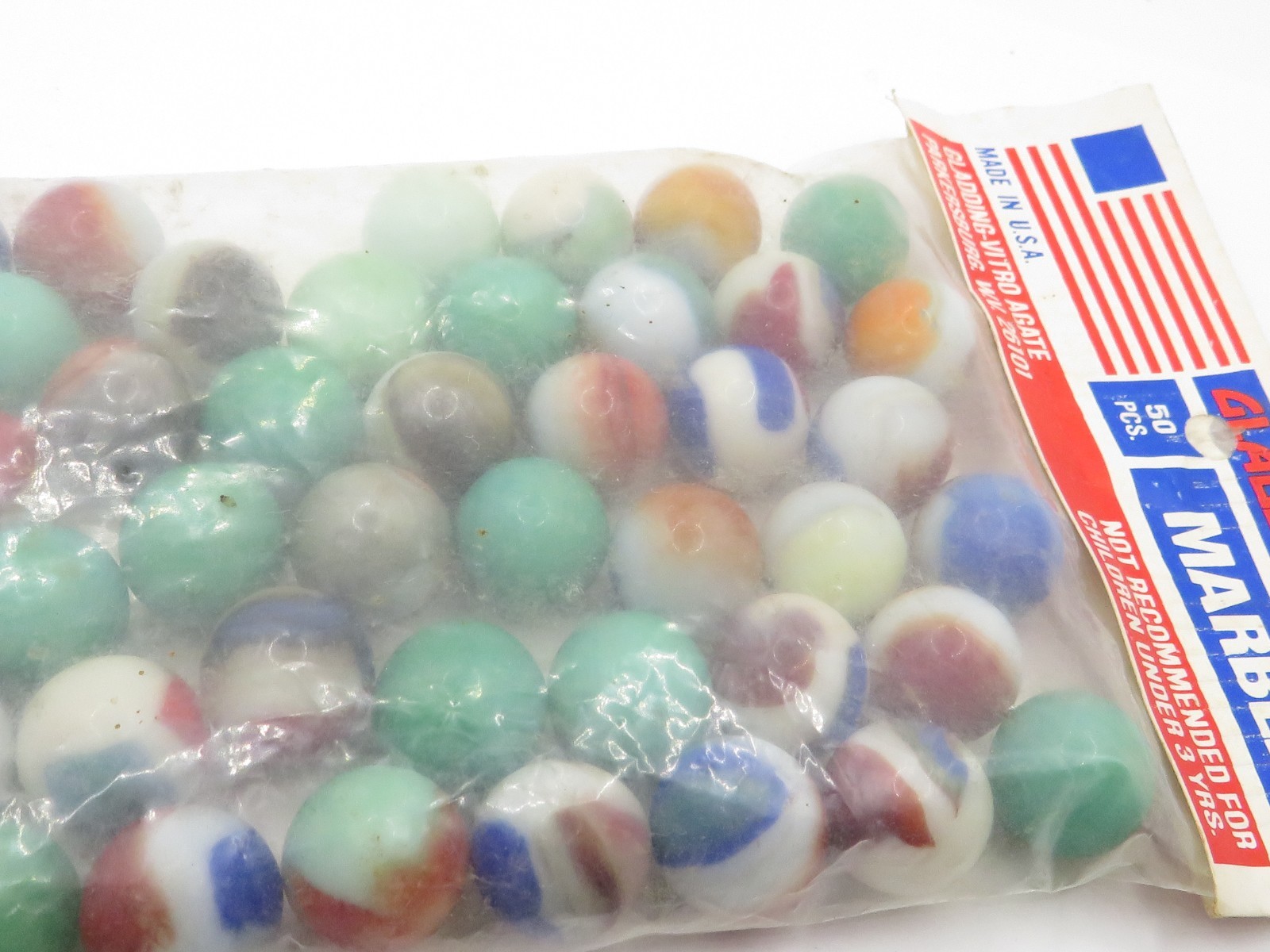 VINTAGE GLADDING VITRO AGATE MARBLES 50 PCS SEALED BAG PARKERSSBURG WV USA**