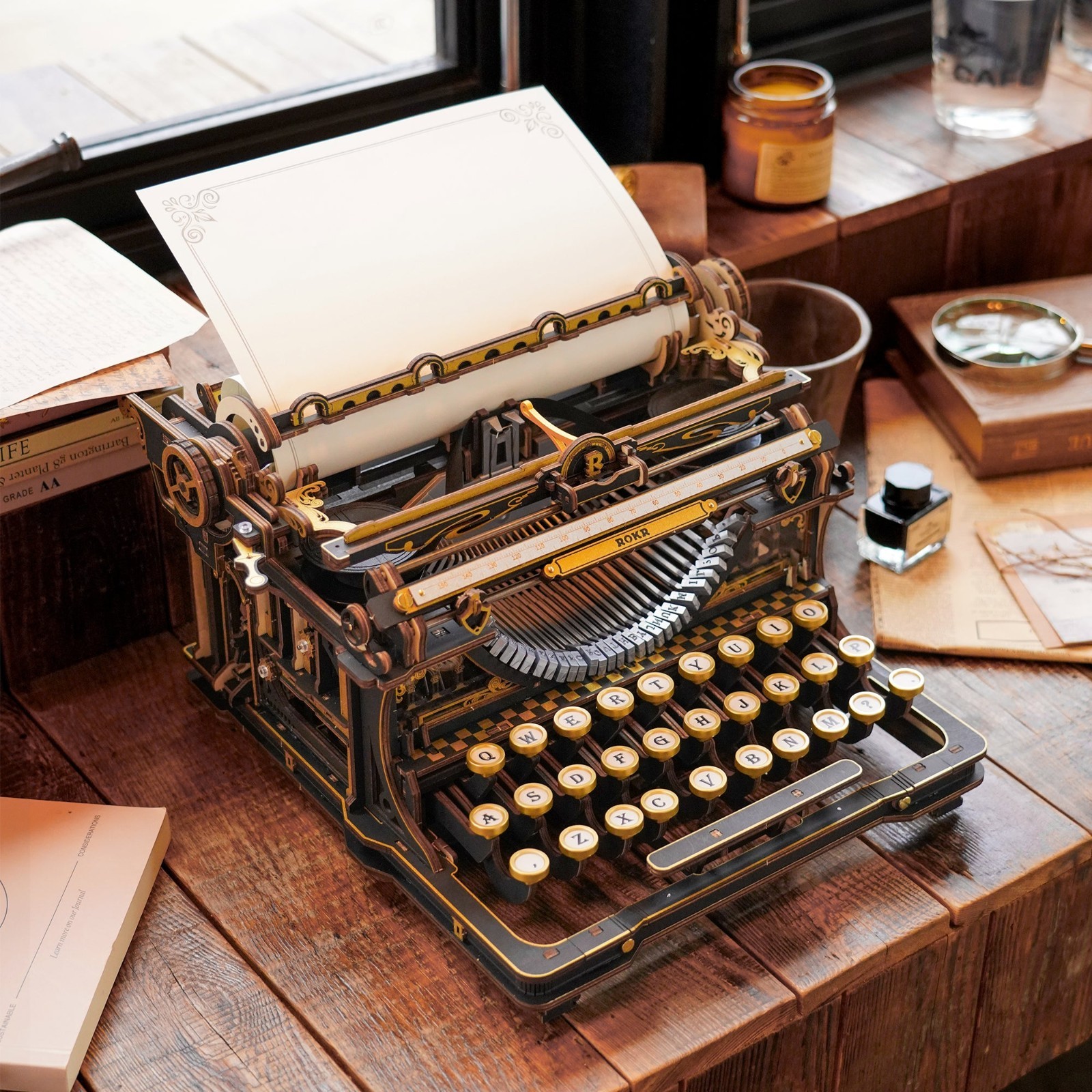 ROKR Mechanical Typewriter 3D Wood Puzzle DIY Kit Retro & Fantasy Style Gift