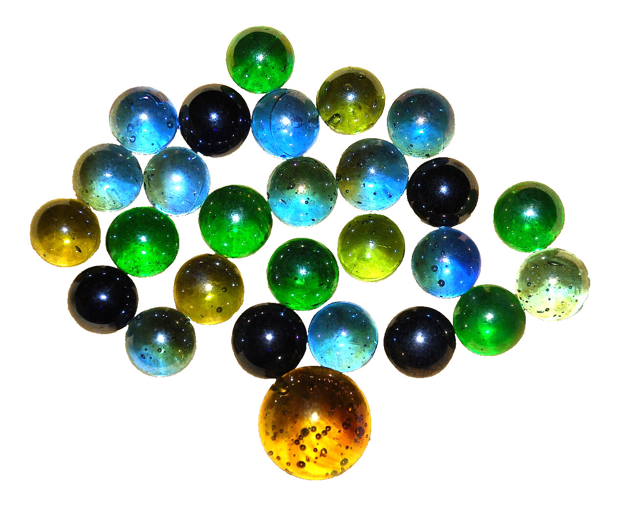 27 Vintage Oil Slick Carnaval Glass Marbles Shooters Iridescent Blue Green Glow