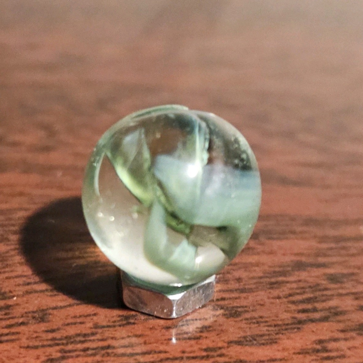 Vintage Vacor Green Spaghetti Ribbon .593″ Glass Marble w Huge Cold Roll Gash