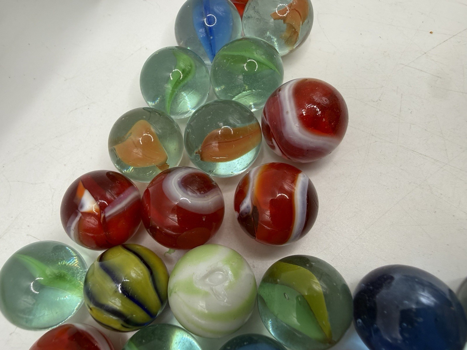 Assorted Vintage Marbles in Small Glass Mason Jar, Asst 50 As Seen Pics