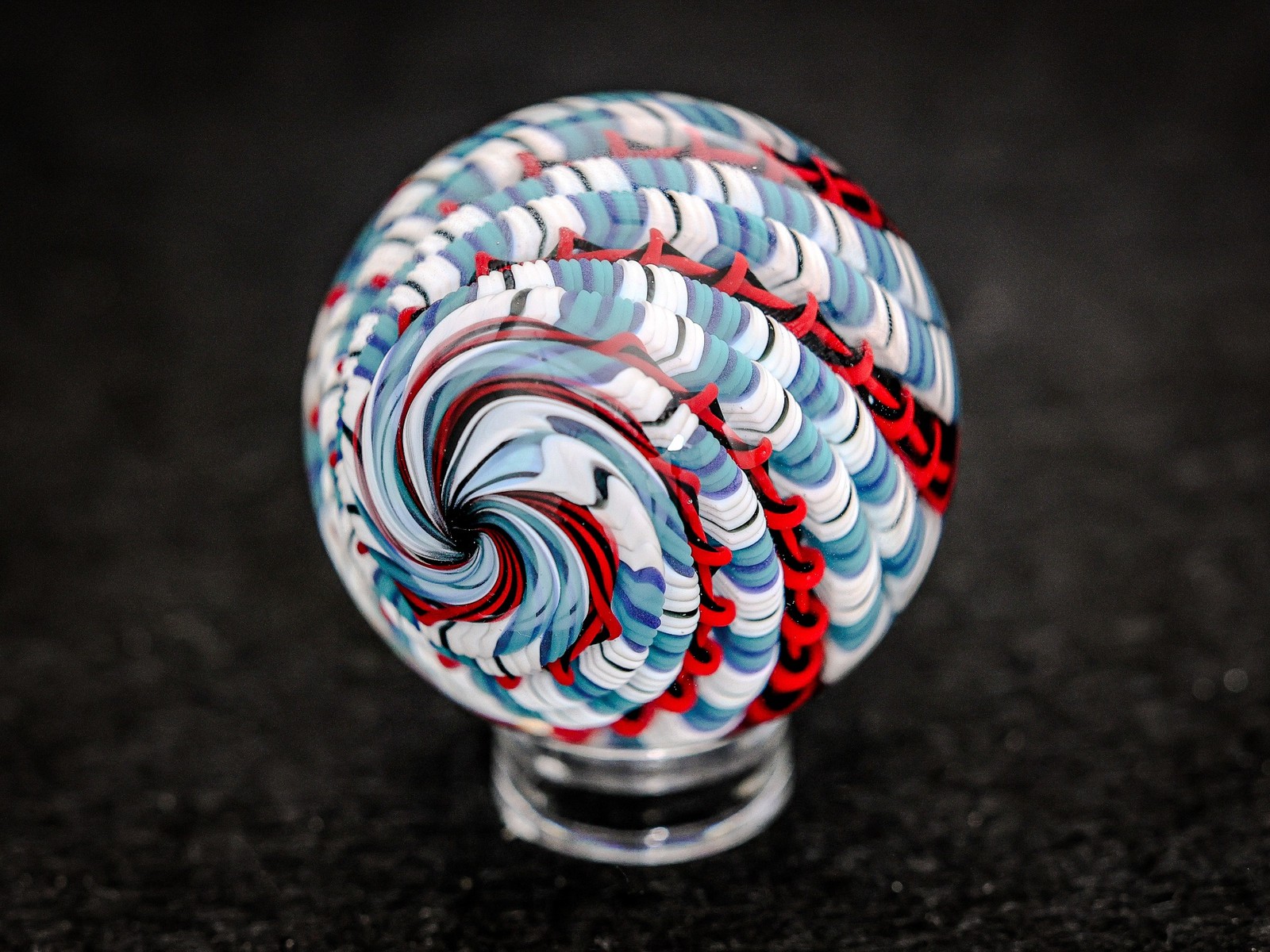 Bryan Trillas Glass Marble/Filigree Cane/Red White Blue Black Teal/1.45 inch