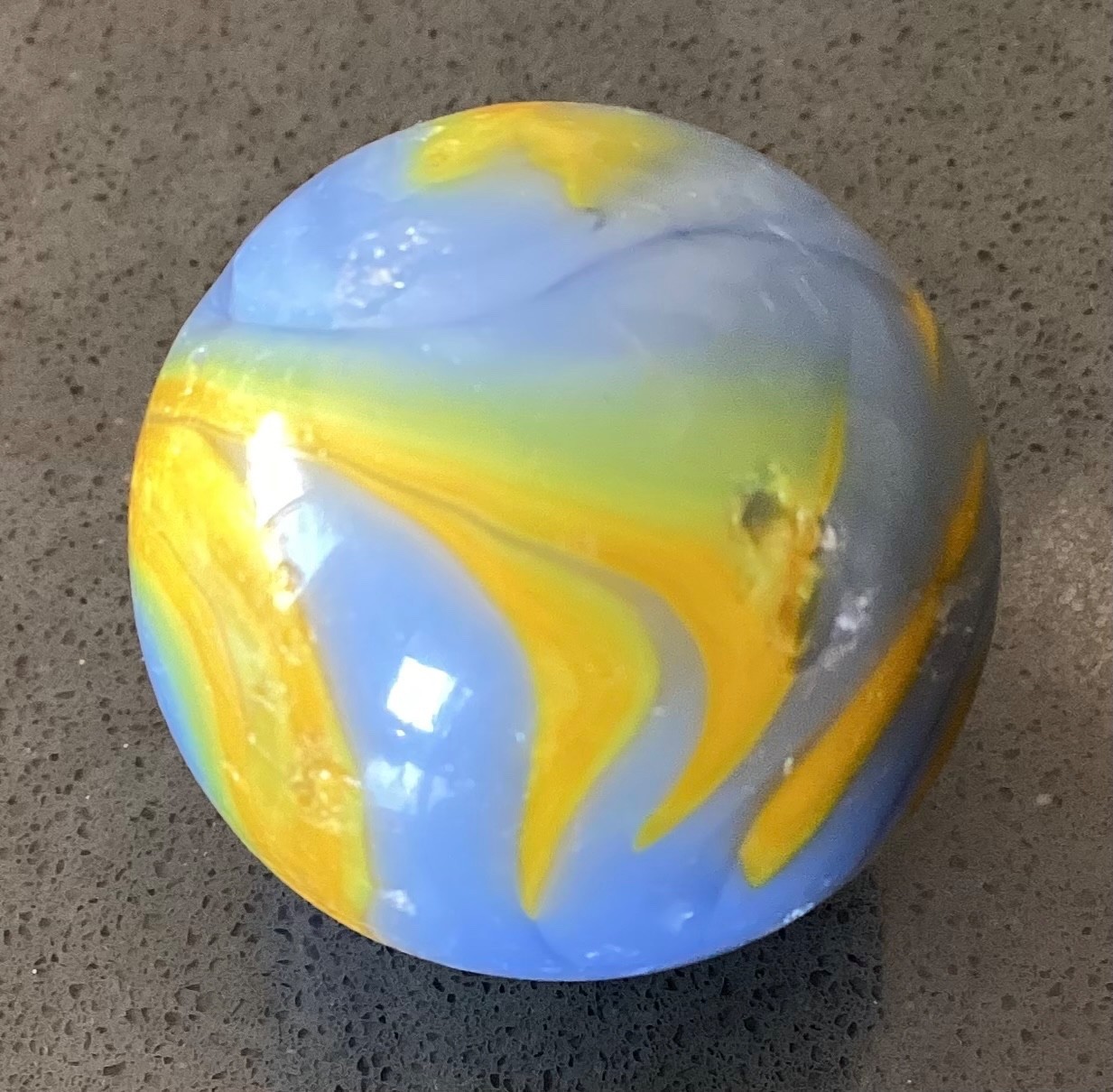 Marble Alley Agate Shooter Boulder Blue Yellow Flames Played Good+ to NM- 0.99”