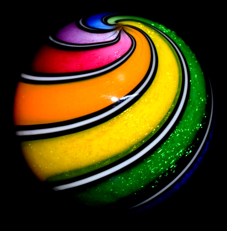 HOT HOUSE GLASS MARBLE/2.059″-DICHROIC BEACHBALL #598-TANGERINE,FUCHSIA,LAVENDER