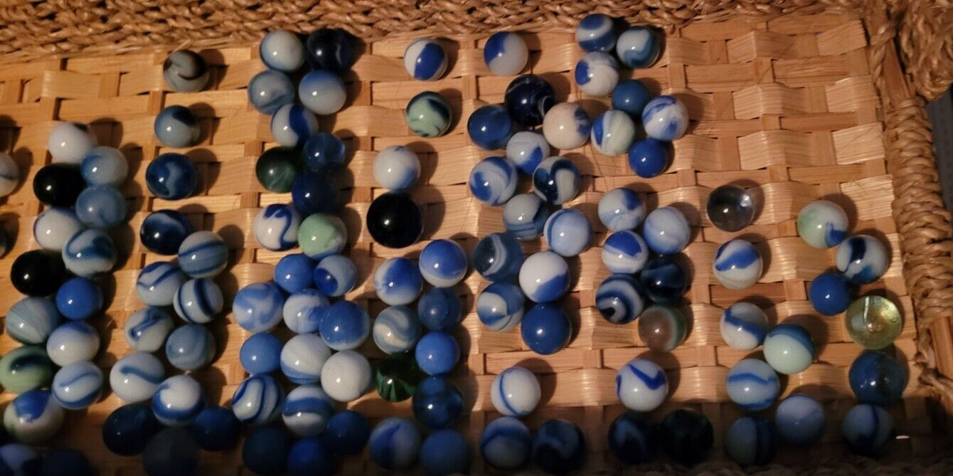 Medium Lot of Vintage Marbles Blue White Swirling Dark Solid Colorful Decorative