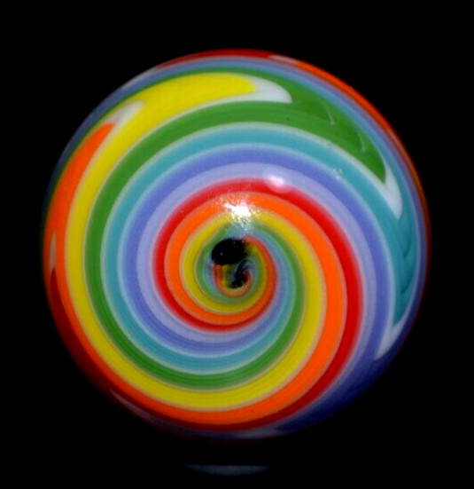 JAY SLACK GLASS MARBLE/1.462″-CITRUS WIG-WAG TWIST-LAVENDER,CHERRY,TEAL,ORANGE+