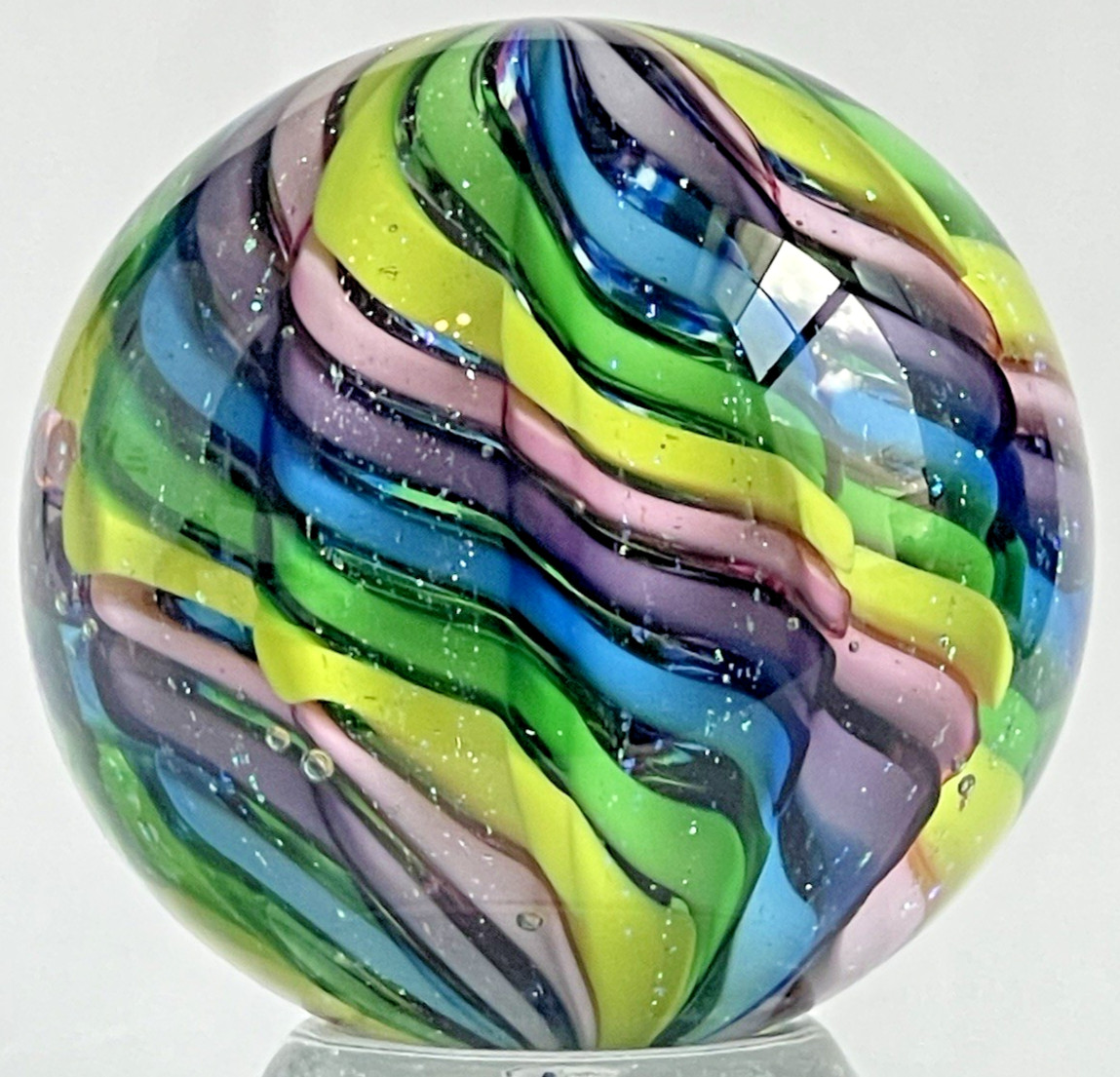 2016 SEESE MARBLE SIGNED GLASS ART 1.57″ DICHROIC LOBED RIPPLE SILVER LUTZ WOWZA