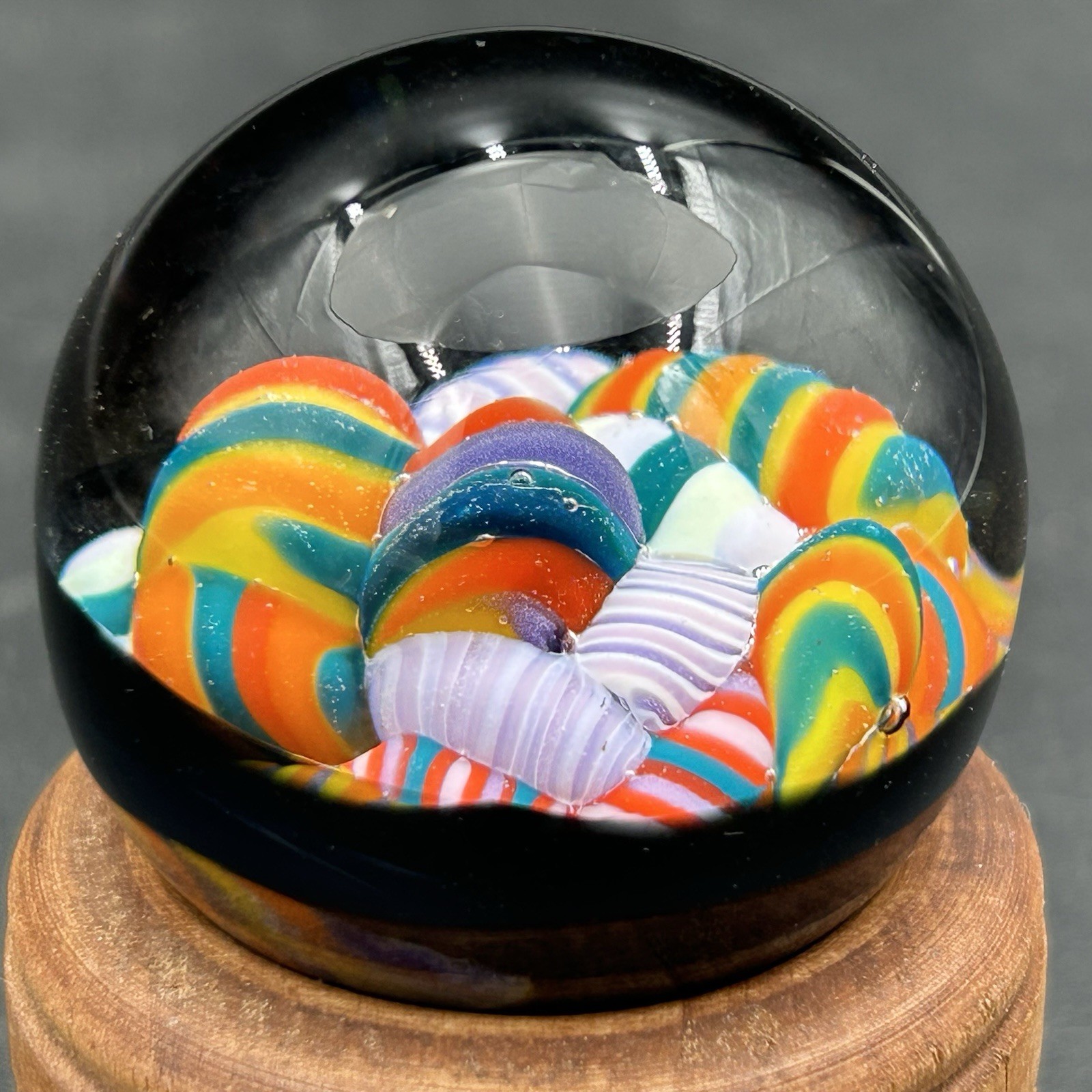 2021 Brock Eddleman Signed Art Glass Marble Rainbow Ribbon Cane 1.5”