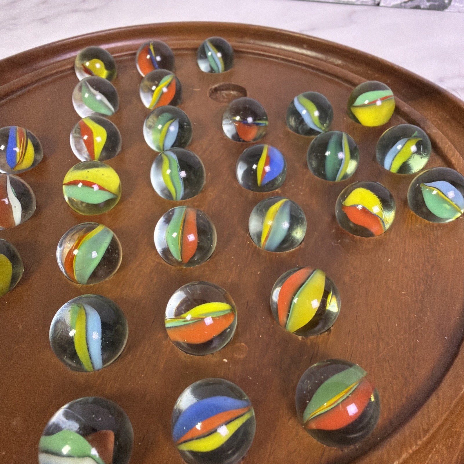 VTG Multi-Color Marbles Akro/Agate/Vitro? 32 Marbles & Wooden Solitaire Board