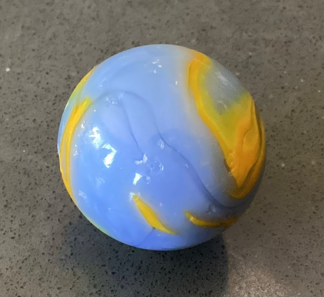 Marble Alley Agate Shooter Boulder Blue Yellow Flames Played Good+ to NM- 0.99”