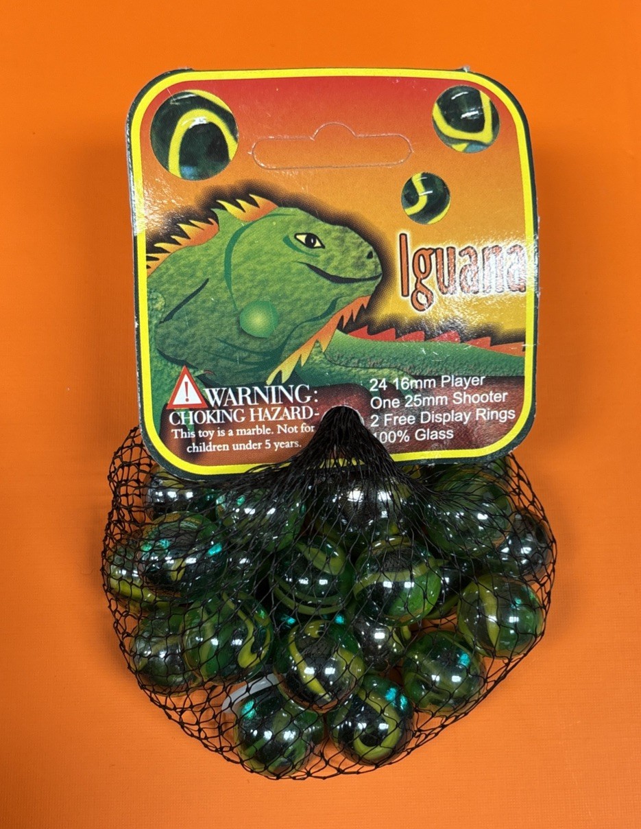 Iguana Net Bag 25 Glass Mega Marbles Vacor 1 Shooter 24 Players Iridescent
